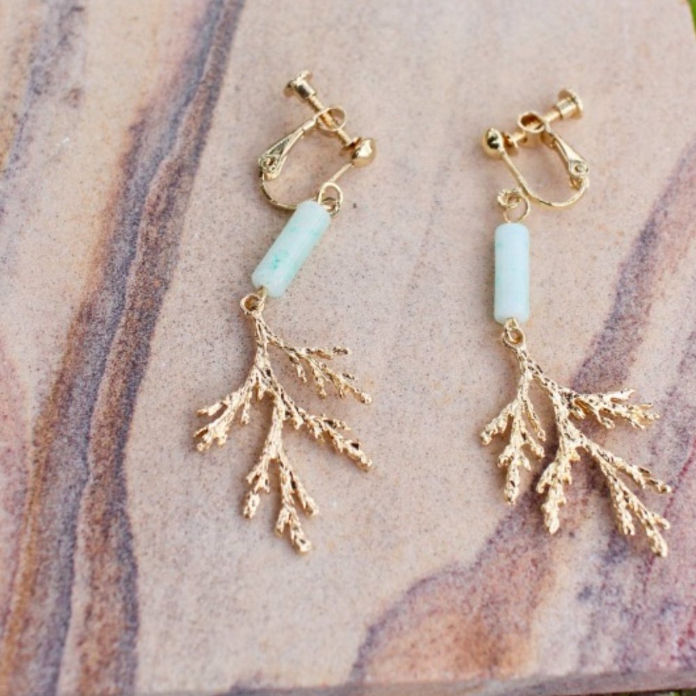 Gold and Mint Branch Drop Clip-On Earrings